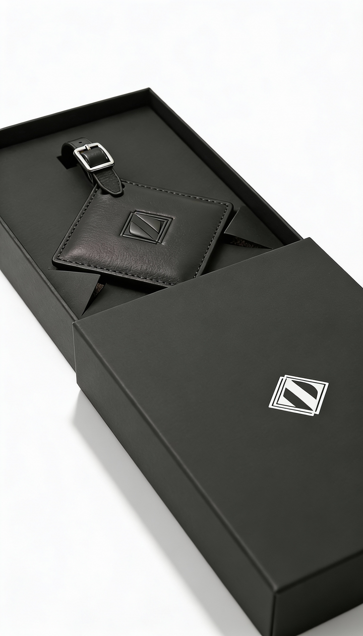 PREZOR luggage tag in black leather inside the opened gift box