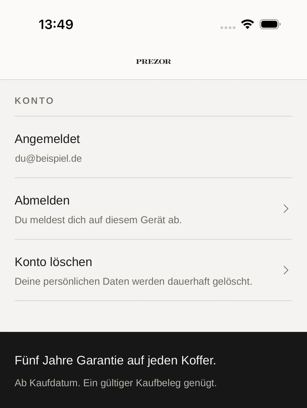PREZOR App: Konto löschen